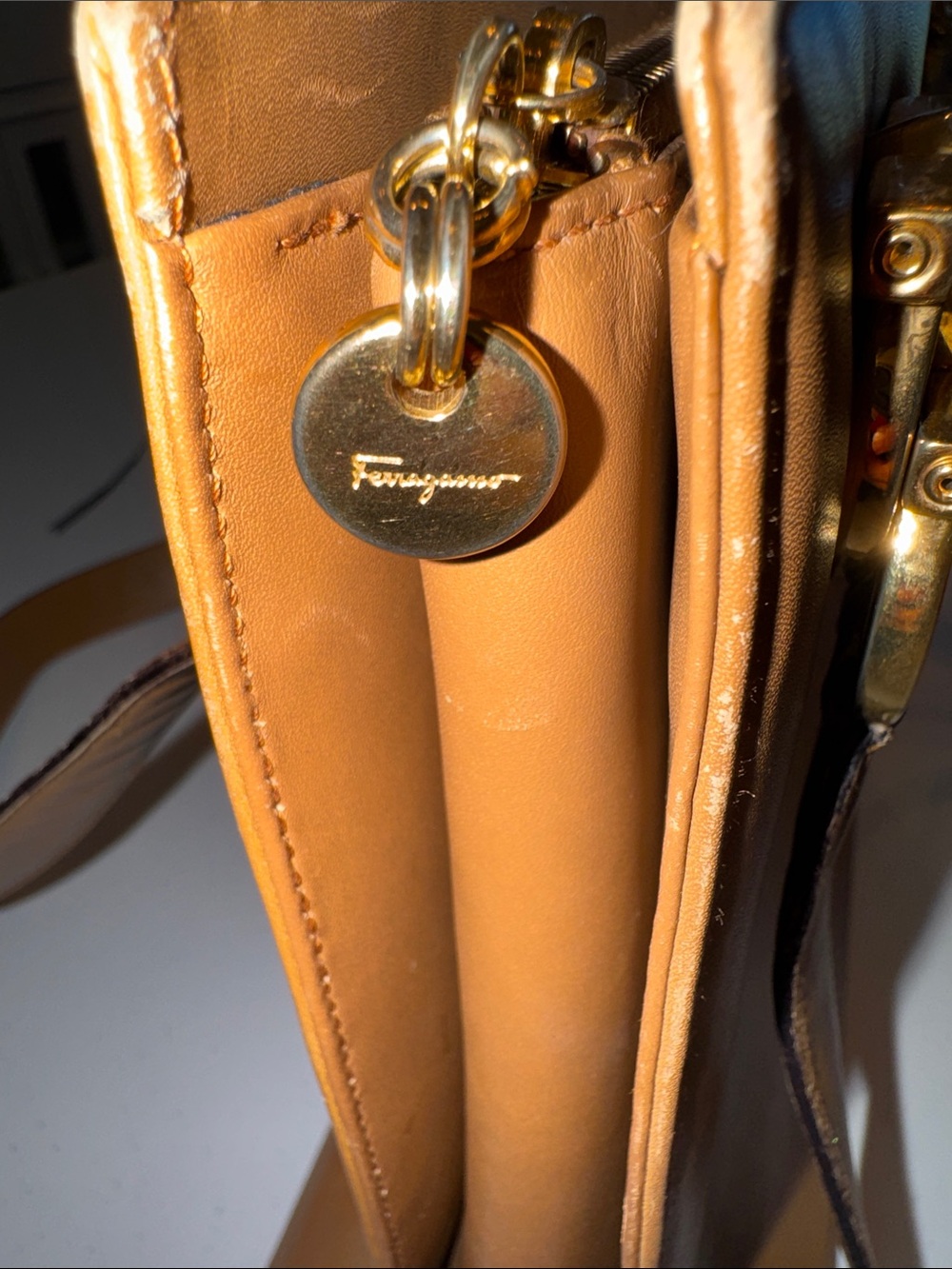 Salvatore Ferragamo Cognac Leather Shoulder Bag with Gold Hardware GUC - Picture 7 of 16